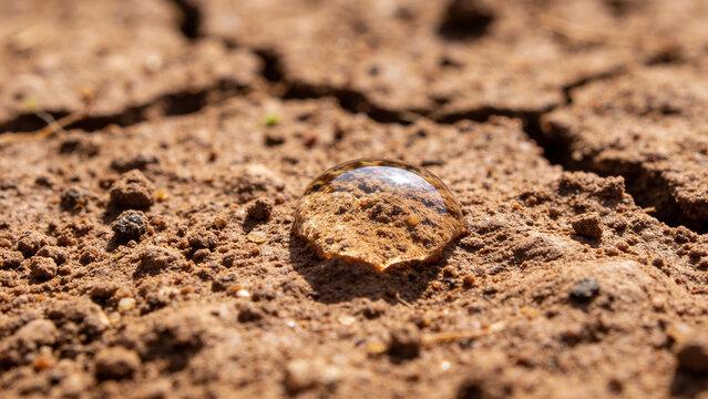 Water drop on dry soil showing need for irrigation technology