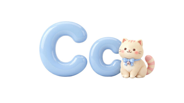 3D alphabet letter C with cute cat figurine, light blue bubble font typography, educational nursery decor illustration
