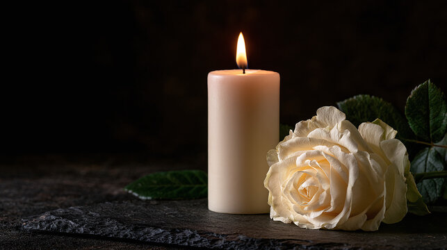 Burning Candle and White Rose on Dark Background for Remembrance