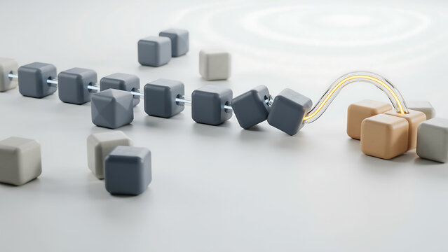 Connected series of grey cubes with golden link bridge connection transition geometric conceptual development progression abstract