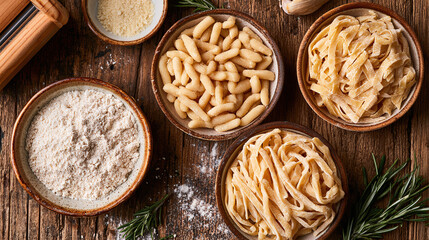 Fototapeta premium Fresh Homemade Pasta Varieties on Rustic Wood Table with Ingredients