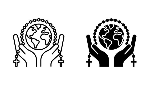 Hands Holding Globe with Rosary Beads Icon Set