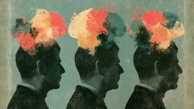 Three Male Silhouettes with Exploding Colorful Thoughts Head Art