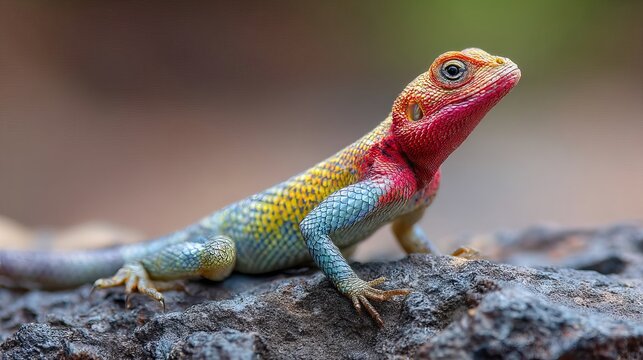 Vibrant male rainbow agama lizard displaying brilliant red head and blue textured scales while perched cautiously on a dark rock