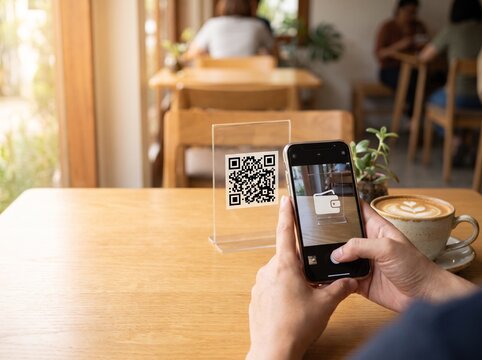 Person scanning QR code on phone at cafe table with coffee and plant.