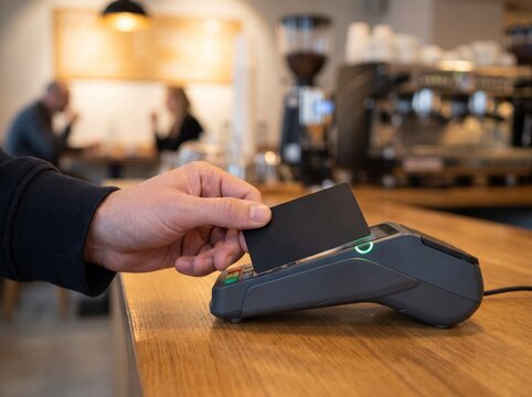 Customer paying with credit card at cafe counter.