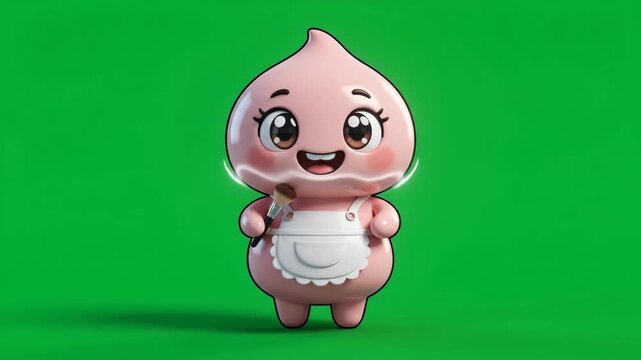 Cute cartoon character with a peach-like head and an apron, holding a small brush, on a green screen background.