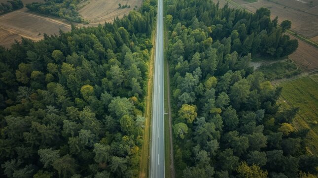 Aerial view of winding rural highway flanked by dense evergreen forest canopy under golden sunlight