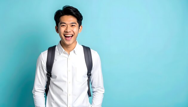 Happy young Asian male student with a backpack smiling on a blue background.
