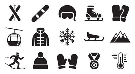 Fototapeta premium Winter Sports And Alpine Activity Icon Set Featuring Skiing, Snowboarding, Equipment, Gear, Mountain Resorts And Tournament Symbols.