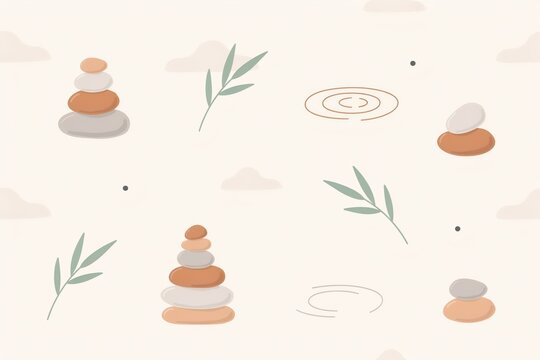 Minimalist seamless pattern with stacked zen stones, bamboo leaves, and water ripple circles on a light beige background, for wellness decor