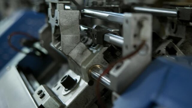 Industrial knitting machine thread guide system feeds yarn through precision components during textile production. Close up reveals mechanical parts inside modern manufacturing equipment.
