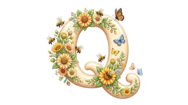 Vintage floral letter Q with sunflowers and honey bees, botanical alphabet illustration, decorative garden initial for spring stationery isolated PNG with Transparent Background