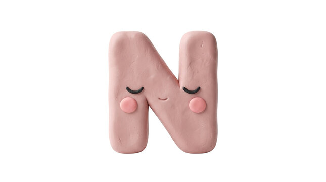 Playful pink clay letter N with cute face, handmade plasticine alphabet character, soft modeling clay typography for kids isolated PNG with Transparent Background