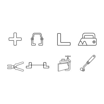 Knee Pads and L-Square Masonry Tool Icons
Collection of 8 masonry installation tools outline icons with knee pads, L-square, tile clamp and seam roller for tiling and plastering work