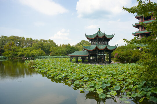 A serene scene of a traditional Chinese pavilion with green-tiled roofs situated above a pond filled with blooming lotus flowers and large leaves. The composition features lush greenery under a clear