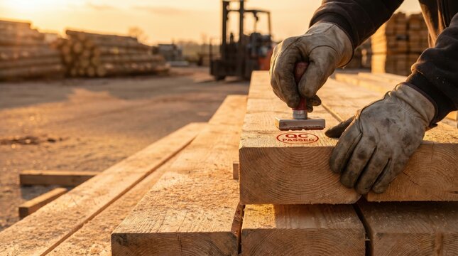 worker hands in gloves stamping qc passed on wooden planks. quality control, timber industry, construction material inspection concept. lumberyard at sunset. banner, website header, copyspace.