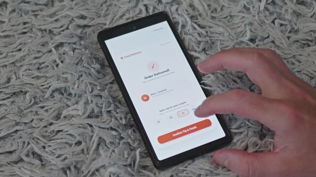 Customer using online food delivery application on mobile phone screen to leave tip for courier, paying gratuity digitally after order delivered.