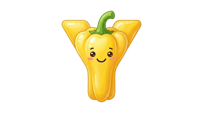 Yellow bell pepper letter Y, cute vegetable alphabet character with smiling face, playful food education mascot for kids isolated PNG with Transparent Background
