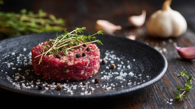 Raw beef tartare presentation on a black plate garnished with thyme and peppercorns food photography