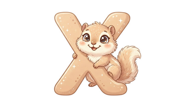 Cute cartoon squirrel with letter X, adorable animal alphabet character, nursery education illustration in soft beige tones isolated PNG with Transparent Background