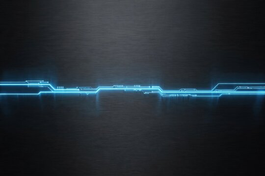 Futuristic Blue Neon Circuit Board Lines on Dark Background.