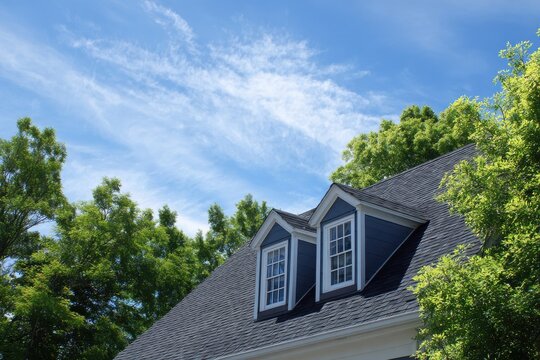 Asphalt shingled roof with dormer window against a bright blue sky and green foliage shingles
