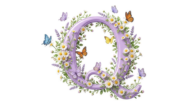 Floral letter Q with butterflies and daisies, purple botanical alphabet character, spring garden typography for wedding invitations isolated PNG with Transparent Background