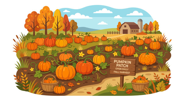 Autumn pumpkin patch vector illustration, rustic farm harvest landscape with barn, seasonal fall field with orange pumpkins and foliage