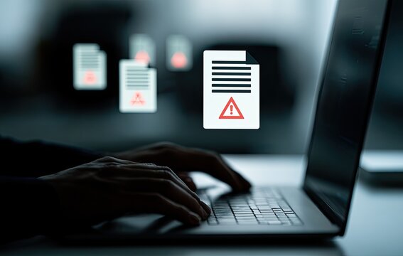Digital documents with warning symbols hover over a person typing on a laptop