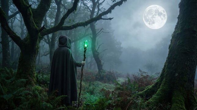 mysterious hooded figure holding glowing green magic staff in dark misty forest under full moon. fantasy woodland landscape with mossy trees and fog. halloween concept, banner, website header.