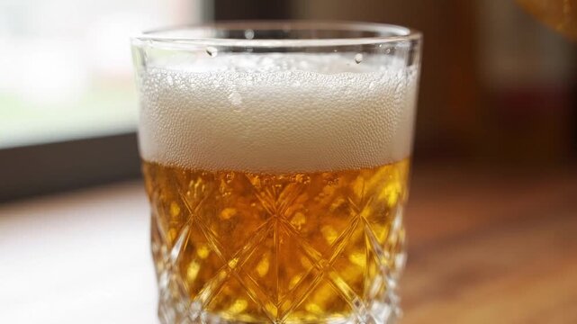 Pouring golden beverage into a crystal glass, bubbles forming and rising, showcasing the refreshing drink's effervescence on a wooden table near a window
