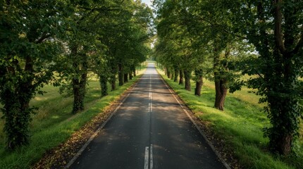 Fototapeta premium Serene asphalt road flanked by tall green trees under soft natural light with areas peaceful outdoor