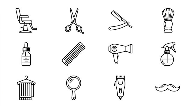 Barber shop tools and grooming essentials flat vector icon set for professional styling services