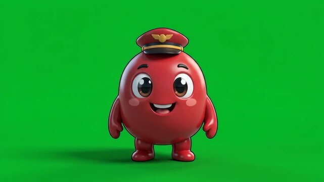 Cute red cartoon character with a pilot hat standing on a green screen background, smiling happily.