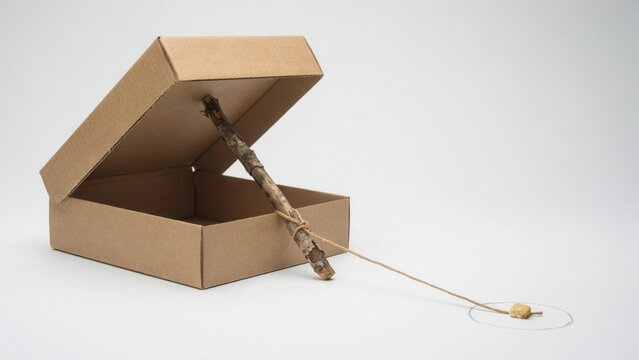 Cardboard box animal trap with stick and string on a white background