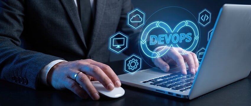 Professional male in a suit working on a laptop showcasing devops technology and digital tools for software development and collaboration in a modern office setting.