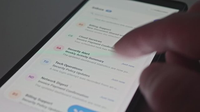 Close Up of Hand Swiping Endless Unread Messages on Phone Display