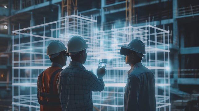 Construction workers using technology on site.