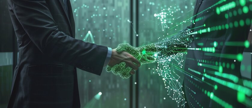 Digital handshake symbolizing tech collaboration.
