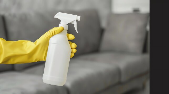 Hand holding spray bottle for cleaning purpose.