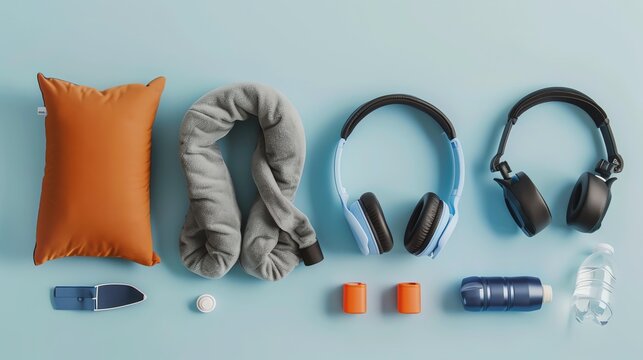 Travel essentials including headphones and pillow.
