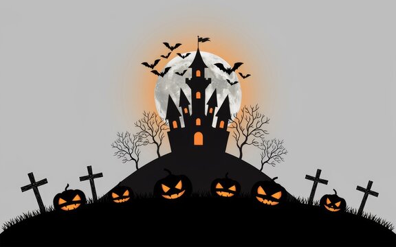 Spooky haunted castle silhouette with glowing jack o lanterns for a dark and festive halloween celebration background