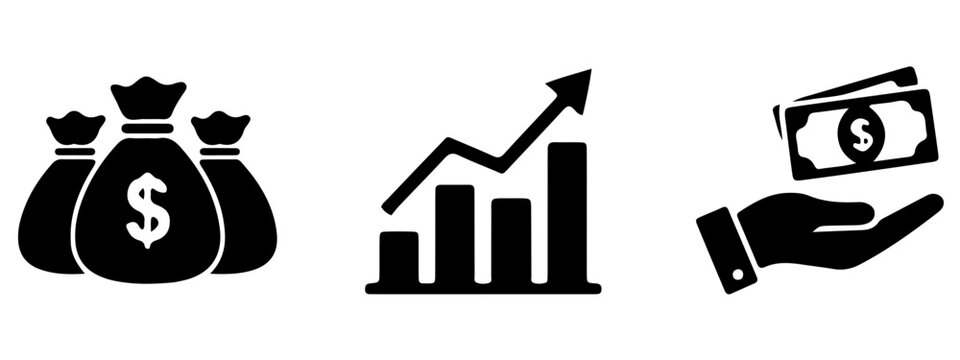Money bags growth bar chart hand holding cash bill icons with business