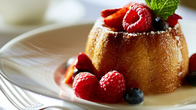 Delicious individual baba rum cake topped with fresh raspberries, blueberries, strawberries, powdered sugar, and mint, a gourmet dessert