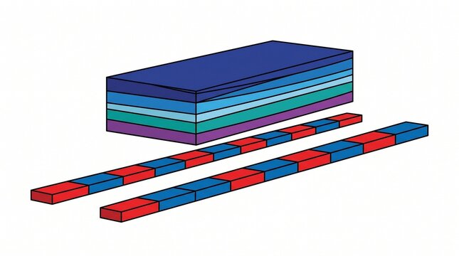 Superconductor block levitating above magnetic tracks in isometric flat vector style
