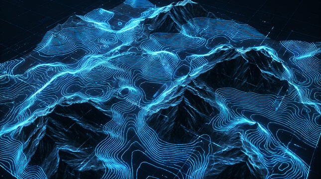 Futuristic 3D Digital Topography Map of Mountain Terrain with Glowing Lines