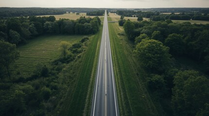 Fototapeta premium Empty highway extending through verdant countryside under clear skies with captures serene aerial