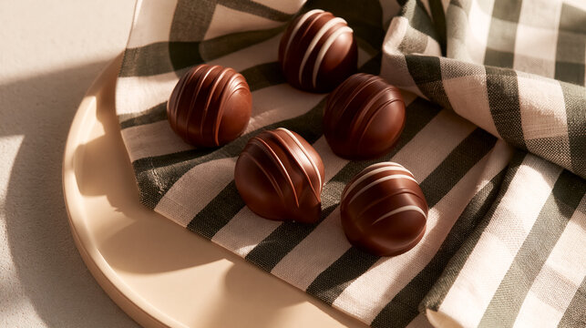 Five gourmet chocolate truffles with decorative white stripes arranged on a green and white checkered napkin