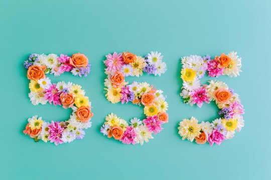 Number 555 shaped by colorful fresh flowers arranged in a creative floral typography